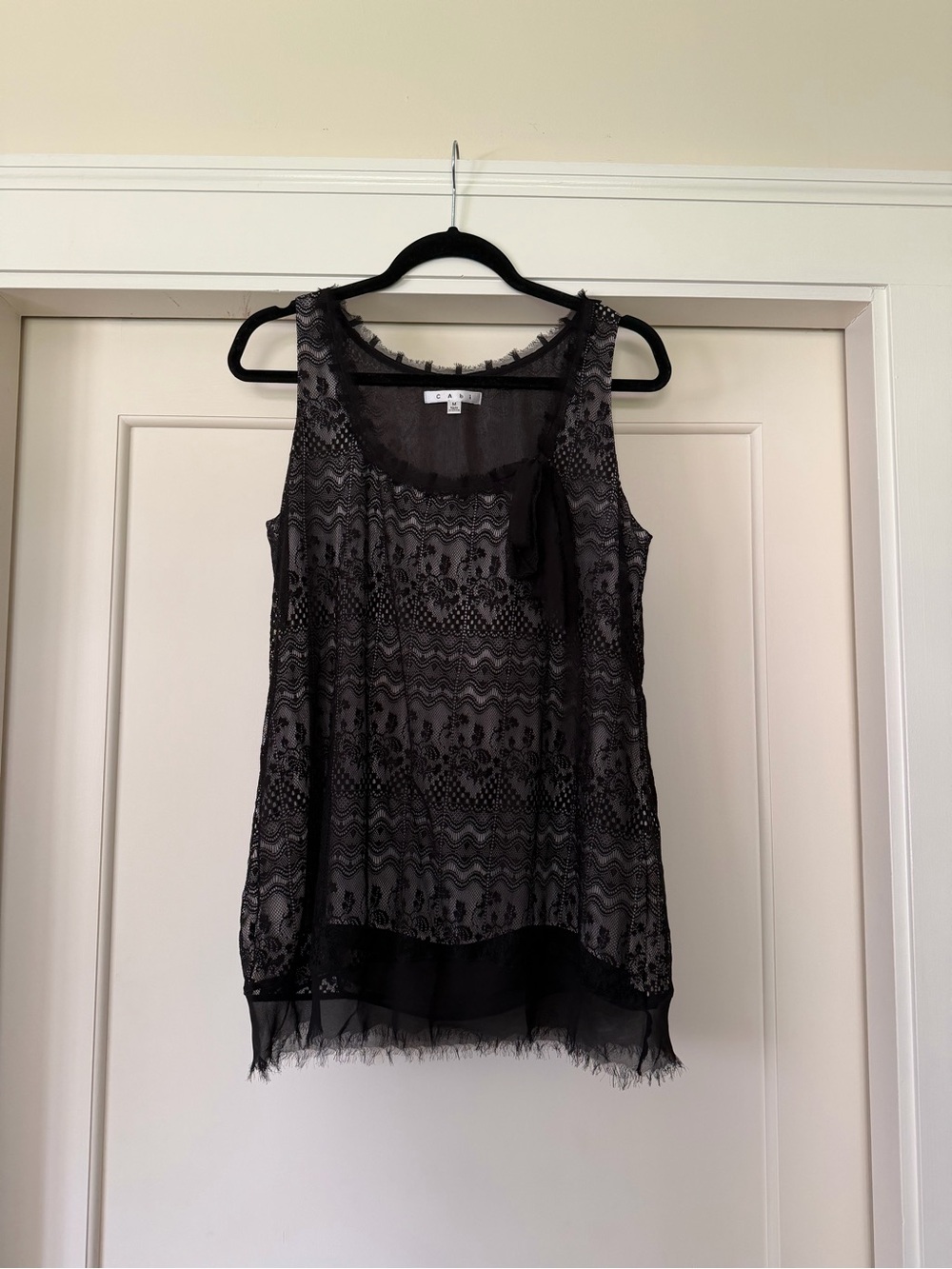 CAbi Black Lace Sheer Sleeveless Tank Top Eyelash Trim Bow Style 552 Size M
